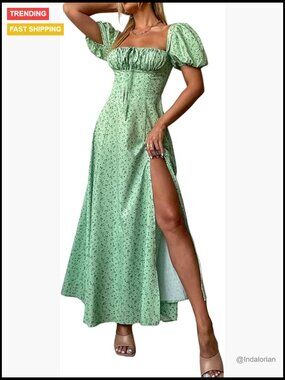 Puff Sleeve Floral Split Maxi Dress Flowy A Line Casual Beach Long